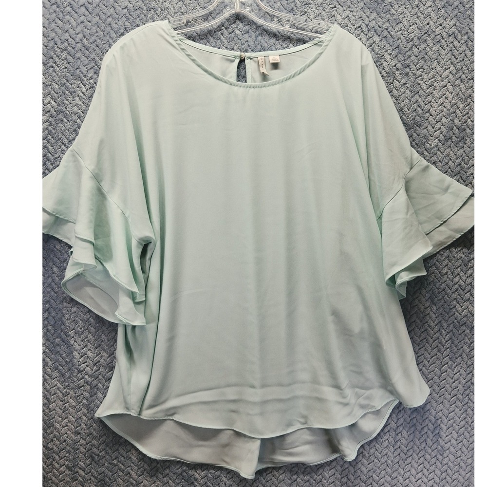 Cato EST. 1946 Mint Green Ruffle Bell Sleeve Blouse XL High Low Keyhole Back Top